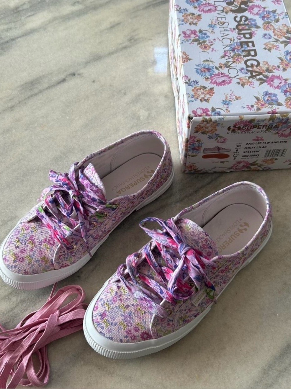 Superga x LoveShackFancy Floral Pink Lace-Up Sneakers size 7.5 / 38